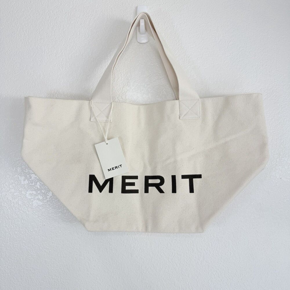 MERIT Beauty The EVERYTHING XL Canvas Tote Bag 23" x 12” Cream White NWT